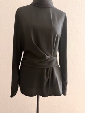 ZARA Draped Peplum Blouse | Long Sleeve Twist Waist Turtleneck w/ Ruched Cuffs
